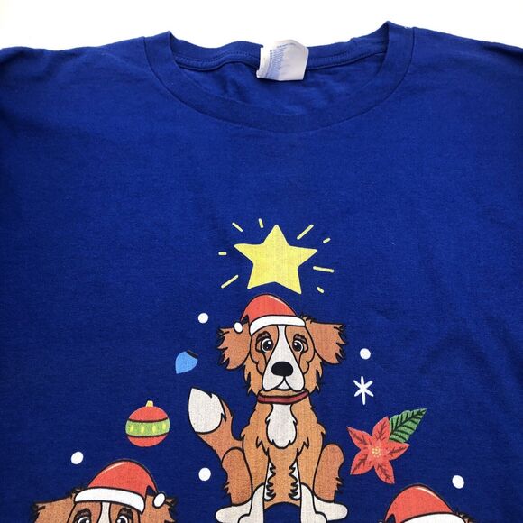 Port & Company Dog Christmas Tree Long Sleeve T Shirt Blue Men's 2XL Ring Spun - Picture 3 of 7